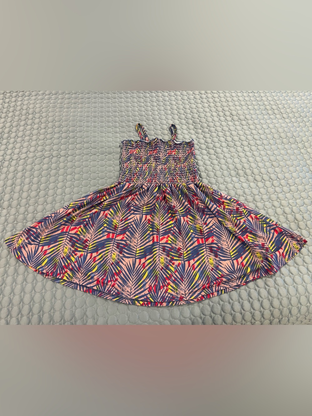 BCBGirls Smocked Sun Dress Spaghetti Strap Palm Tropical Blue Sz 6 Cruise Beach